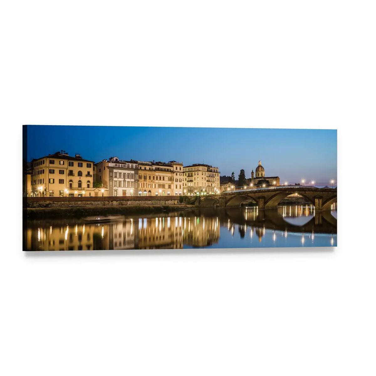 Arno River Reflections at Dusk Panoramic Canvas Wall Art, single panel gallery wrapped canvas, angled product view