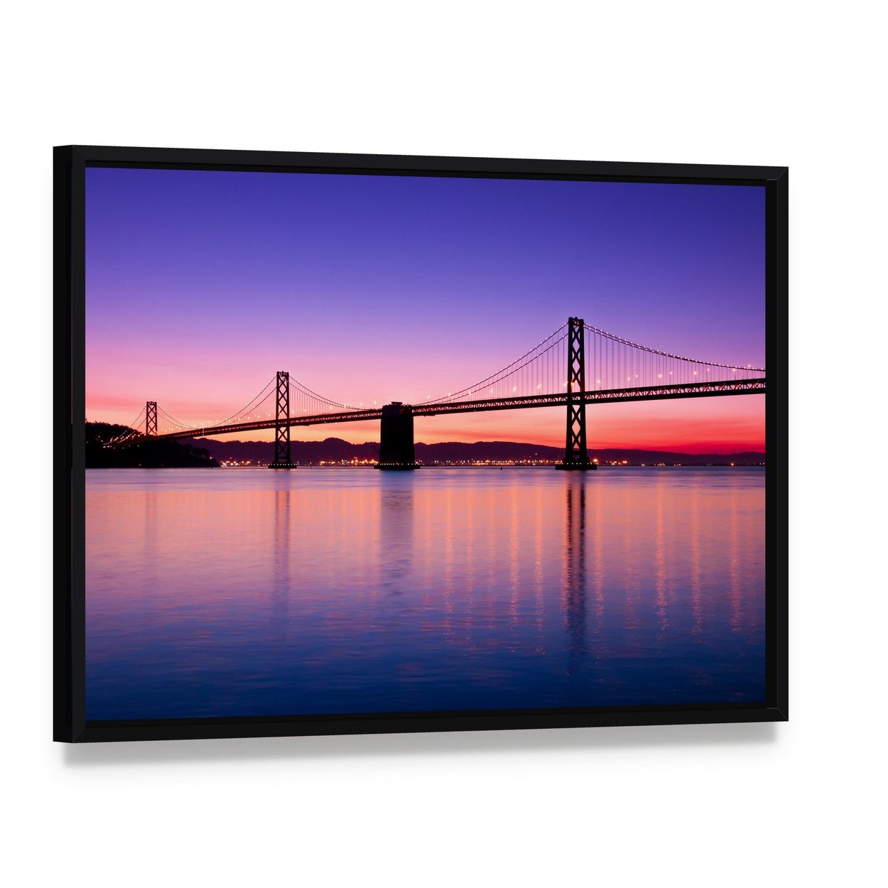 San Francisco Bay Bridge at Twilight Canvas Wall Art, framed canvas in a black floater frame, angled product view