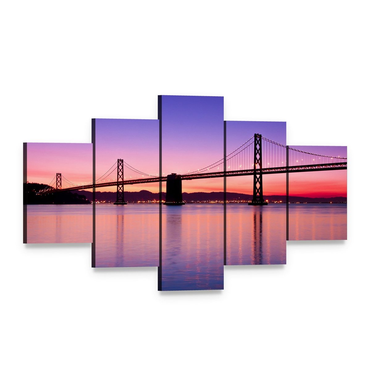 San Francisco Bay Bridge at Twilight Canvas Wall Art, 5 panel 5 Star layout gallery wrapped canvas set, angled product view