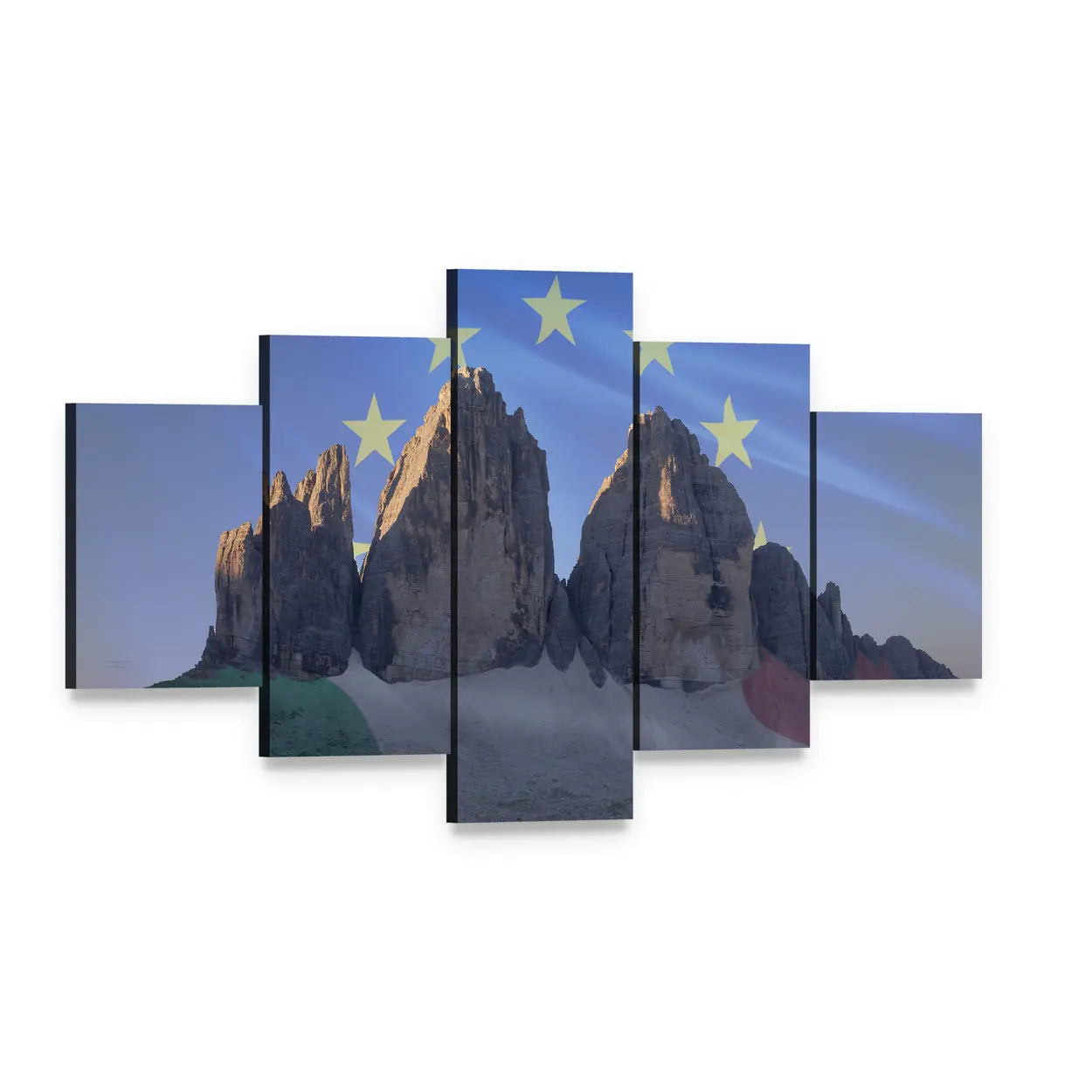 Dolomiti Flags Mountain Landscape Canvas Wall Art, 5 panel 5 Star layout gallery wrapped canvas set, angled product view