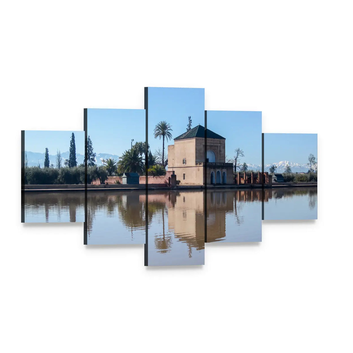 La Menara Reservoir with Palm Reflection Canvas Wall Art, 5 panel 5 Star layout gallery wrapped canvas set, angled product view