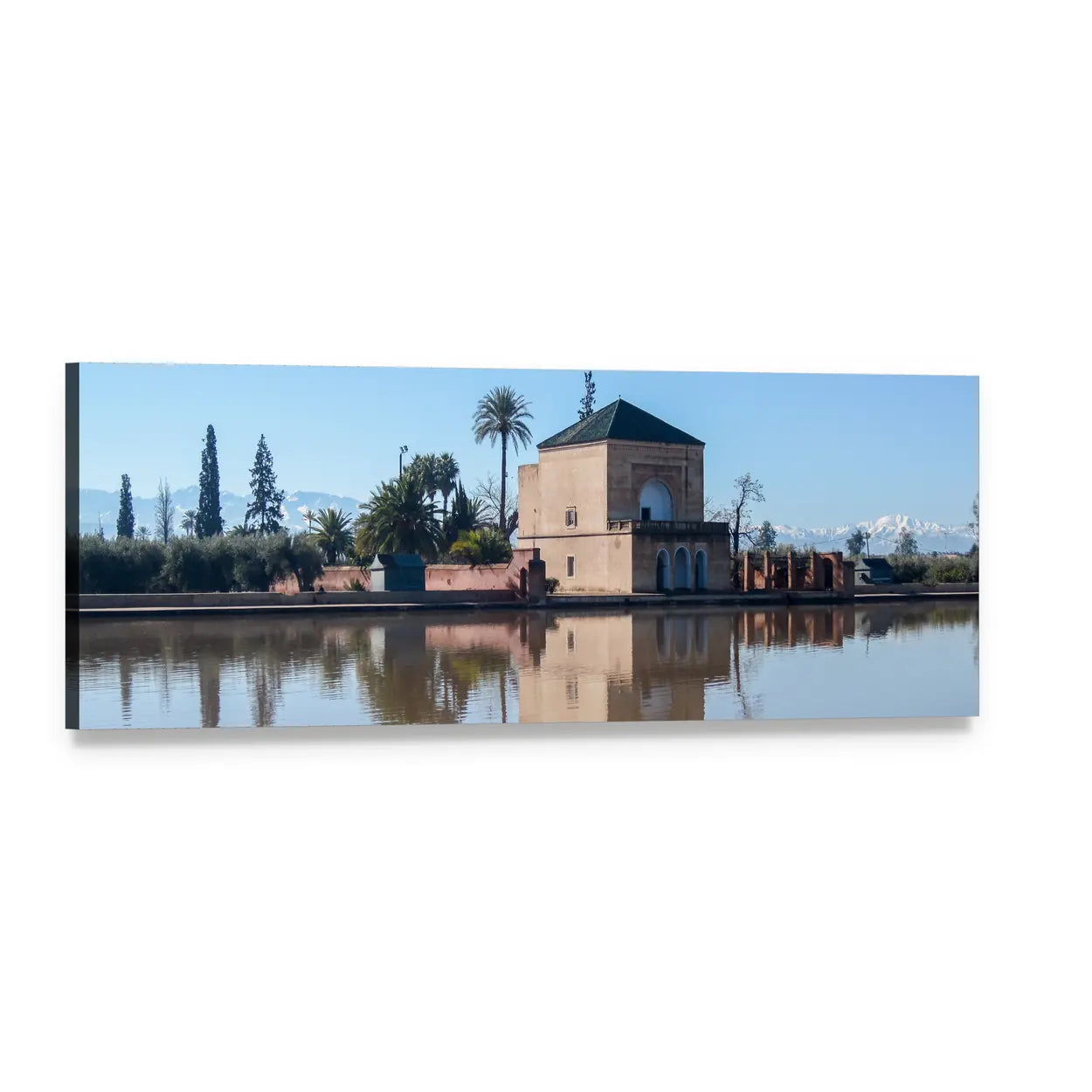 Menara Pavilion with Atlas Peaks Panoramic Canvas Wall Art, single panel gallery wrapped canvas, angled product view