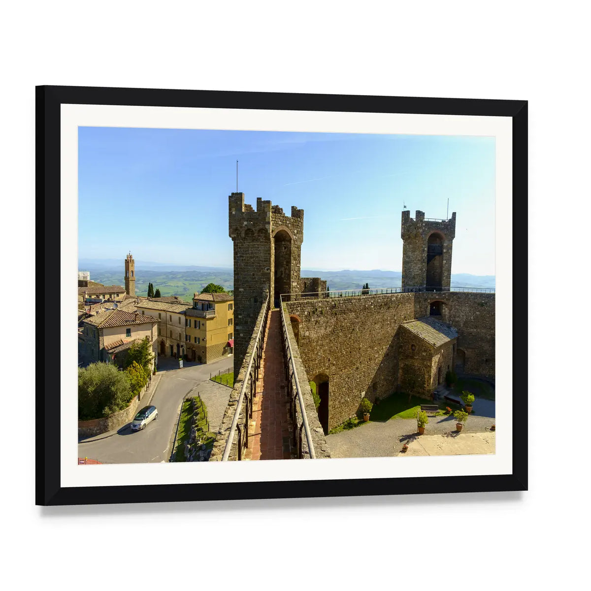 Montalcino Castle Canvas Wall Art, framed print with white mat and black frame, angled product view