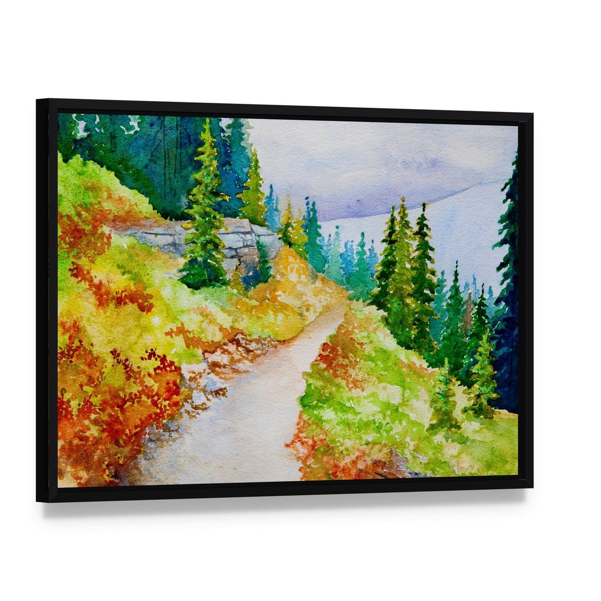 Watercolor Painting of a Mountain Path Canvas Wall Art, framed canvas in a black floater frame, angled product view