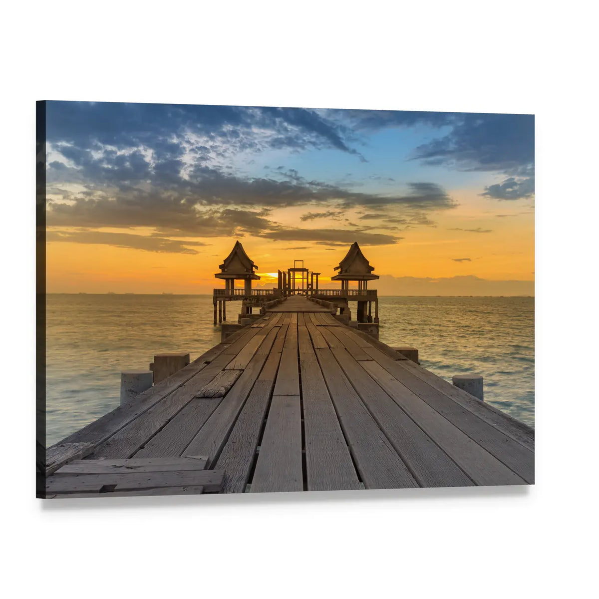 Wooden Pier to Seacoast at Sunset Canvas Wall Art, single panel gallery wrapped canvas, angled product view