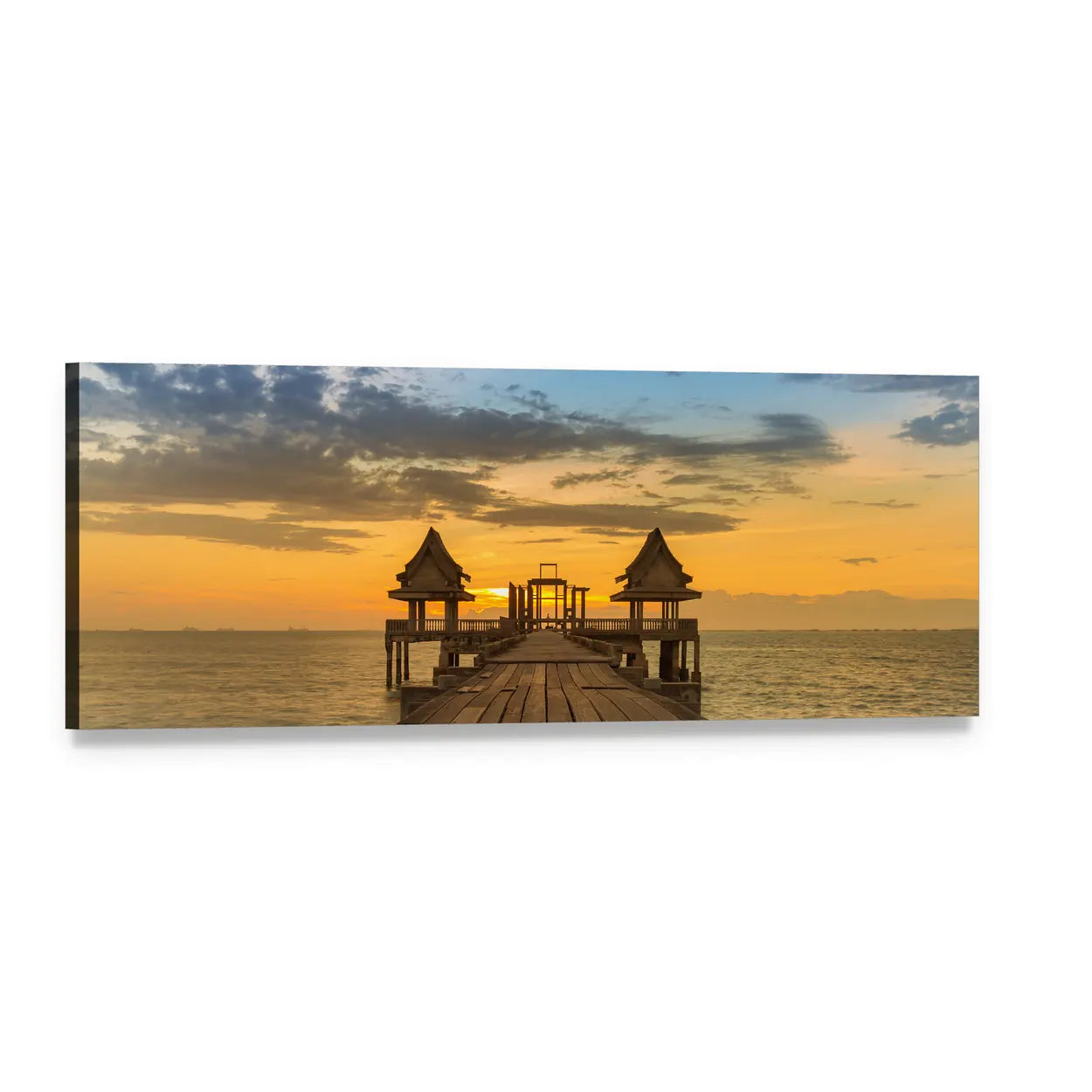 Sunset Wooden Pier with Pavilions Panoramic Canvas Wall Art, single panel gallery wrapped canvas, angled product view