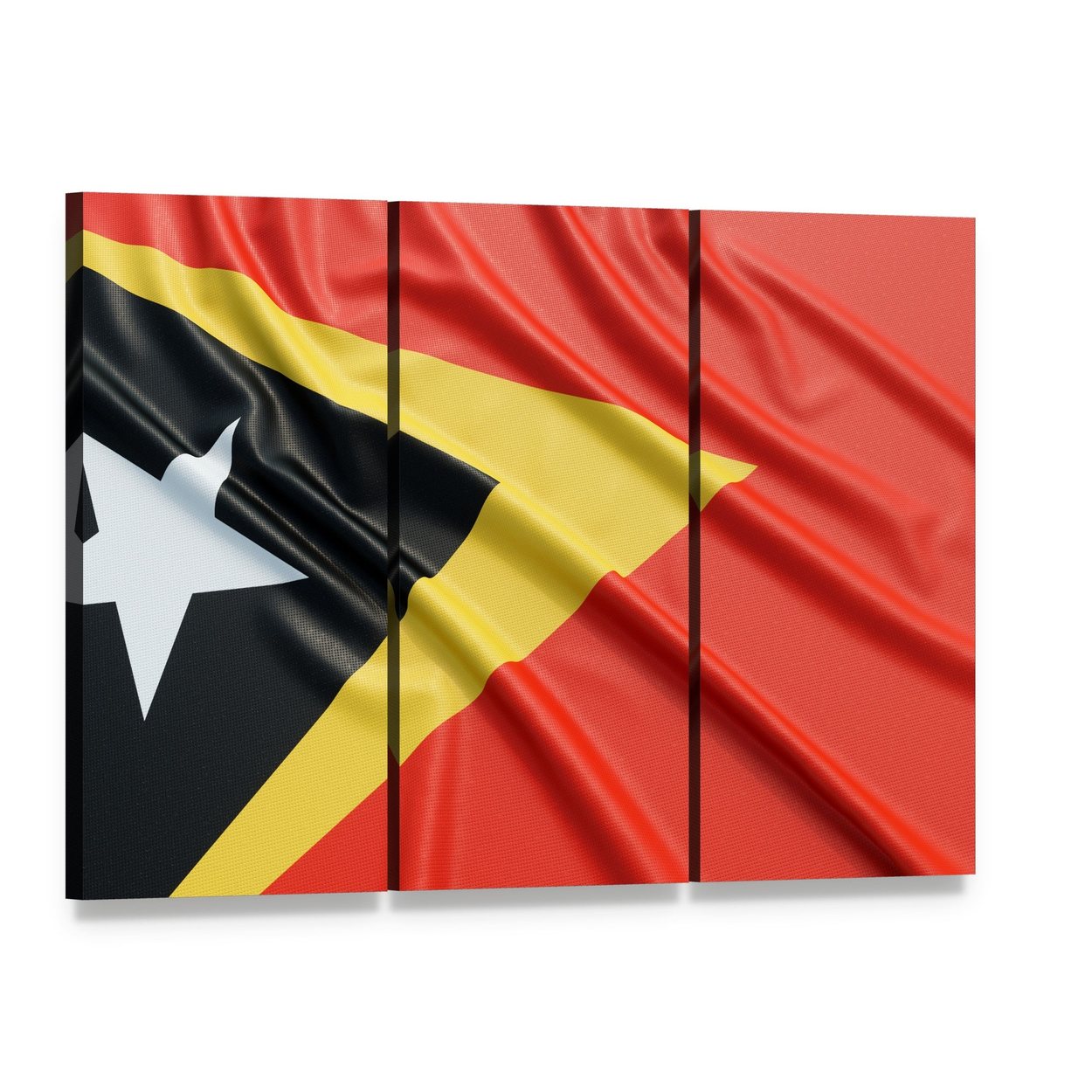 Waving East Timor Flag Canvas Wall Art, 3 panel 3 Horizontal layout gallery wrapped canvas set, angled product view