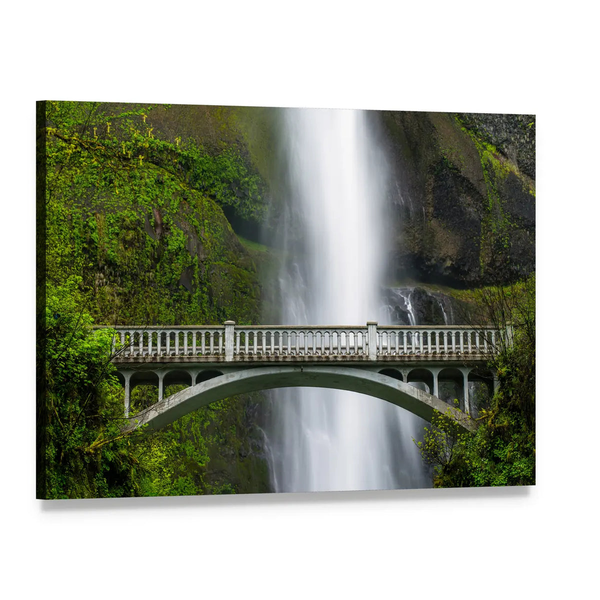 Multnomah Falls and Stone Arch Bridge Canvas Wall Art, single panel gallery wrapped canvas, angled product view