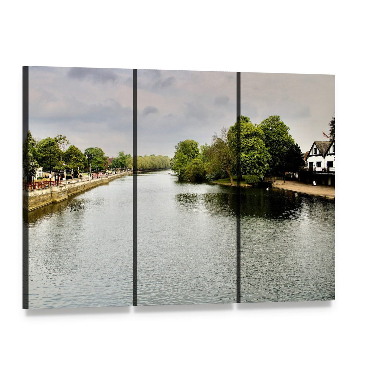 Riverside Path with Walkers Canvas Wall Art, 3 panel 3 Horizontal layout gallery wrapped canvas set, angled product view