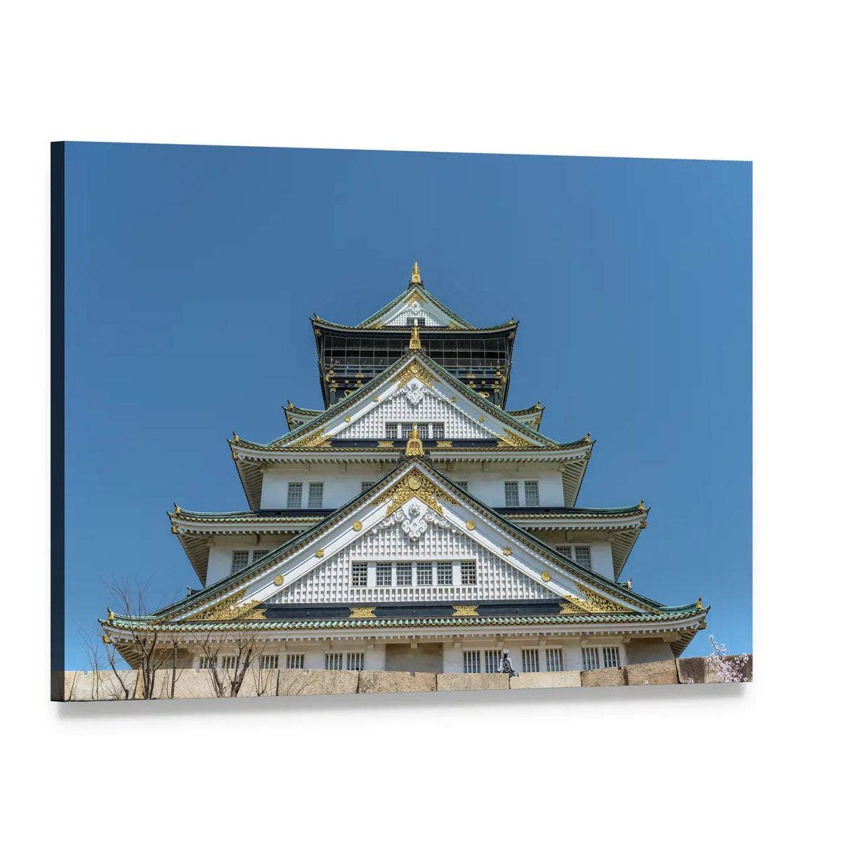 Osaka Castle with Gold Trim Canvas Wall Art, single panel gallery wrapped canvas, angled product view