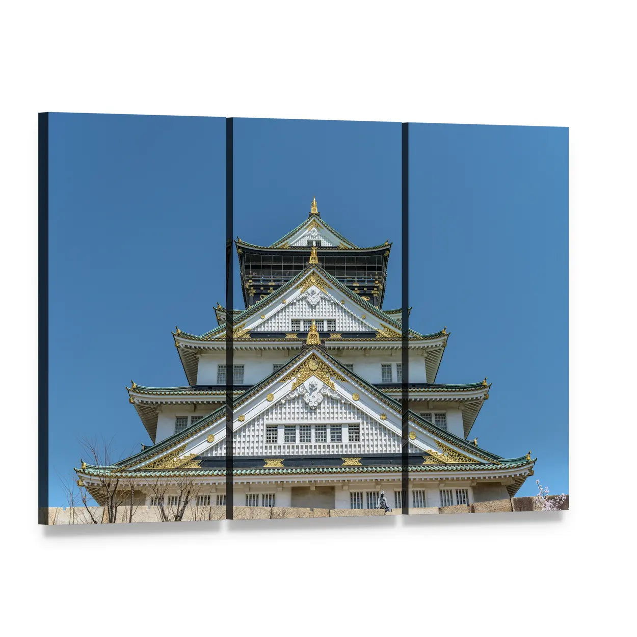 Osaka Castle with Gold Trim Canvas Wall Art, 3 panel 3 Horizontal layout gallery wrapped canvas set, angled product view