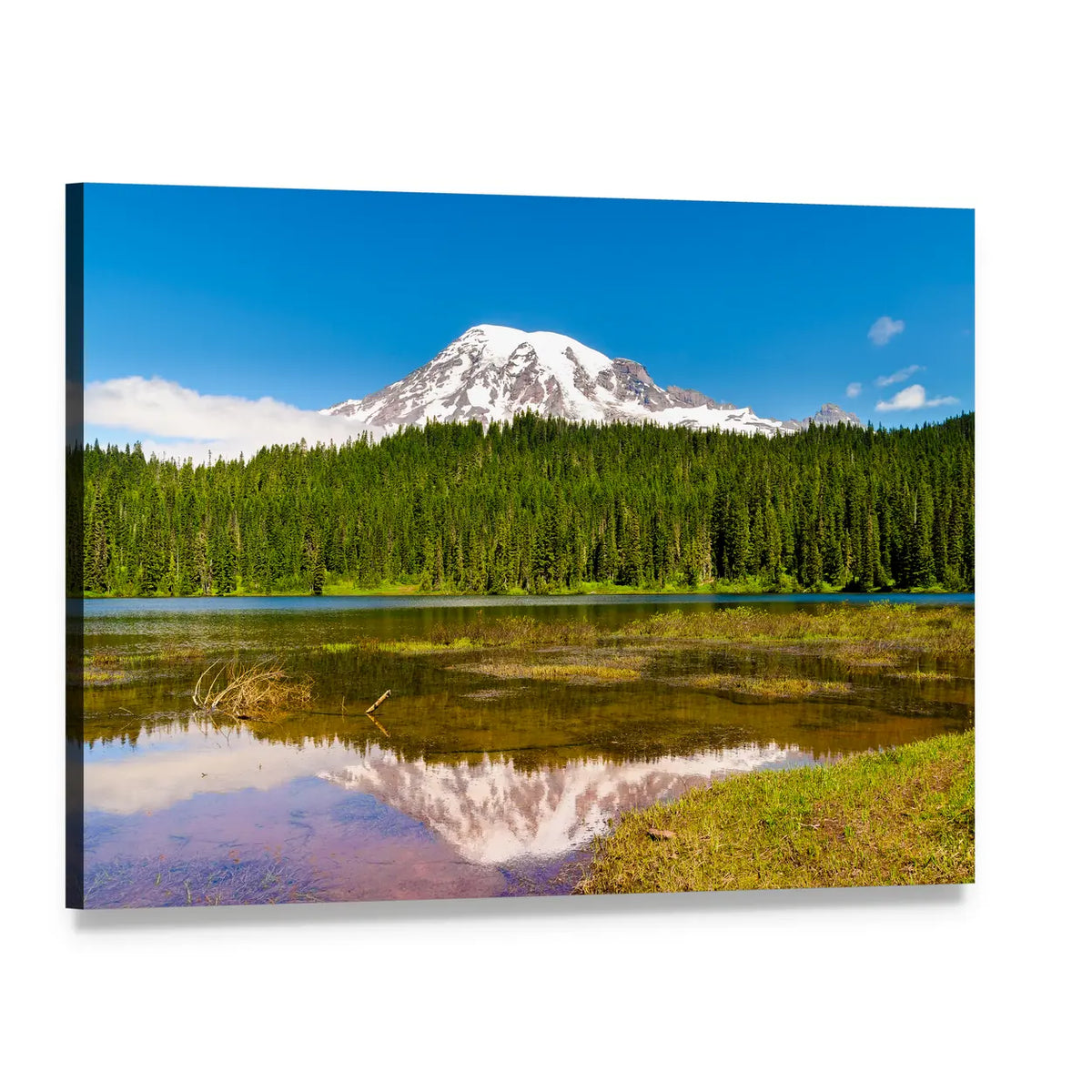 Forest Lake and Snow-capped Mountain Canvas Wall Art, single panel gallery wrapped canvas, angled product view