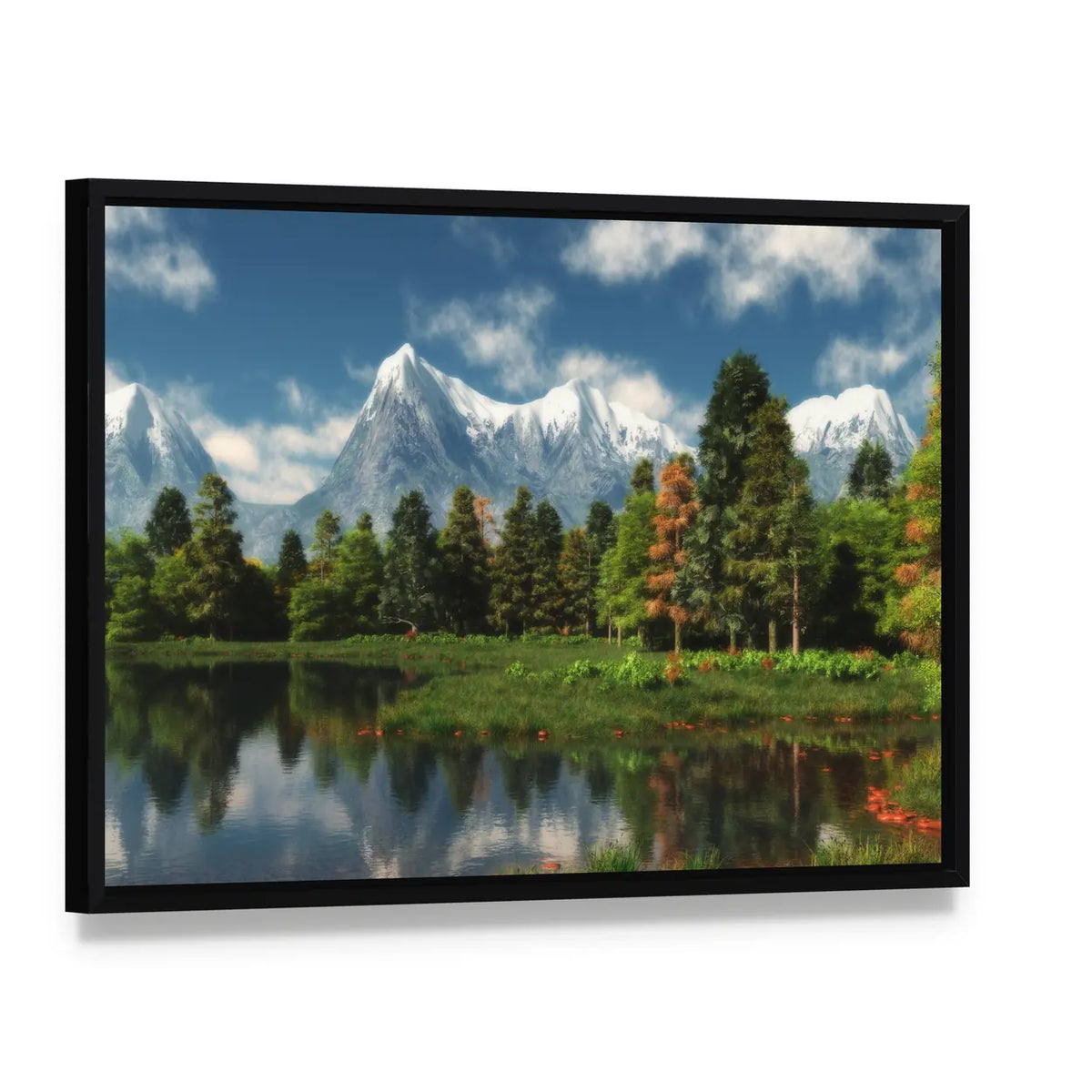 Snow-capped Mountains, Lake, and Forest Canvas Wall Art, framed canvas in a black floater frame, angled product view