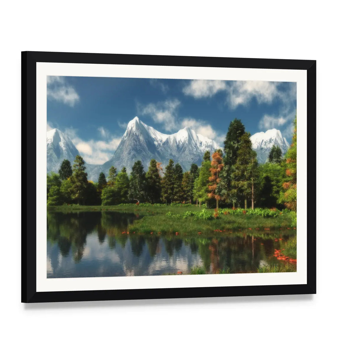 Snow-capped Mountains, Lake, and Forest Canvas Wall Art, framed print with white mat and black frame, angled product view