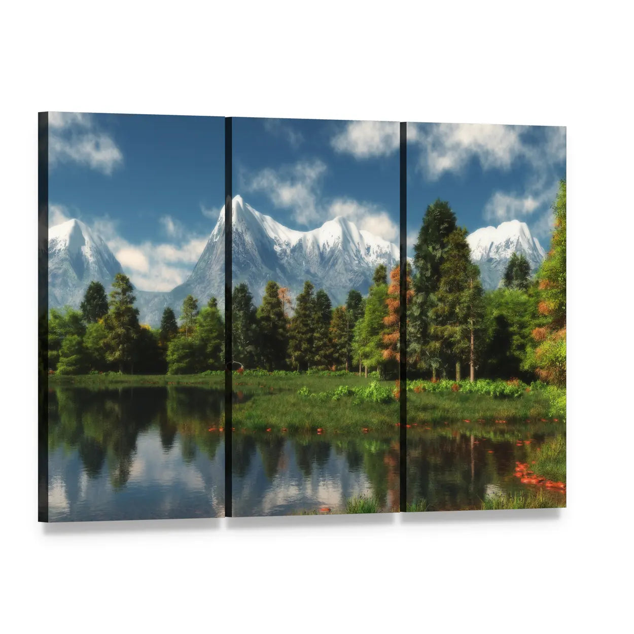 Snow-capped Mountains, Lake, and Forest Canvas Wall Art, 3 panel 3 Horizontal layout gallery wrapped canvas set, angled product view