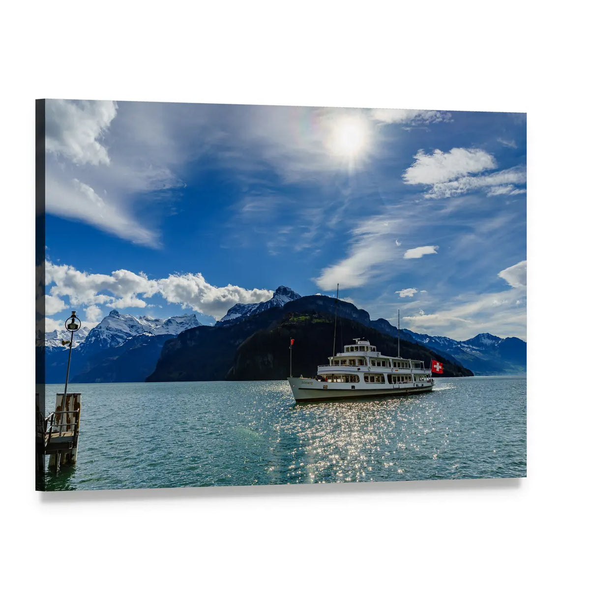 Cruise Ship on Lake Lucerne Canvas Wall Art, single panel gallery wrapped canvas, angled product view