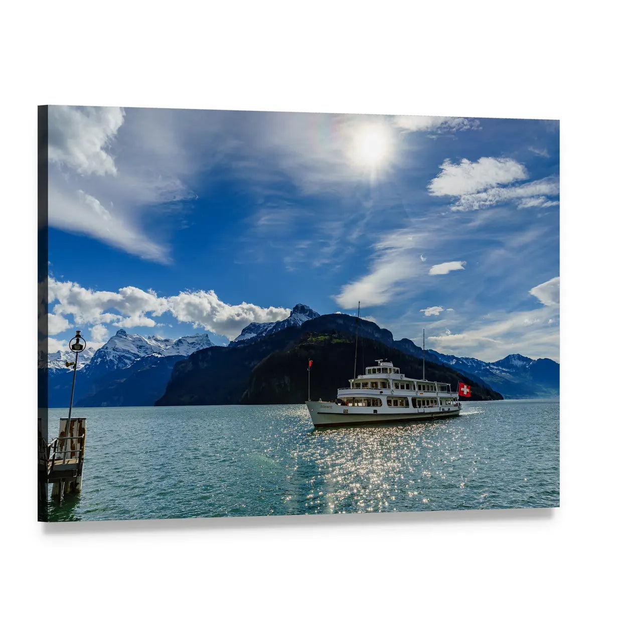 Cruise Ship on Lake Lucerne Canvas Wall Art, single panel gallery wrapped canvas, angled product view