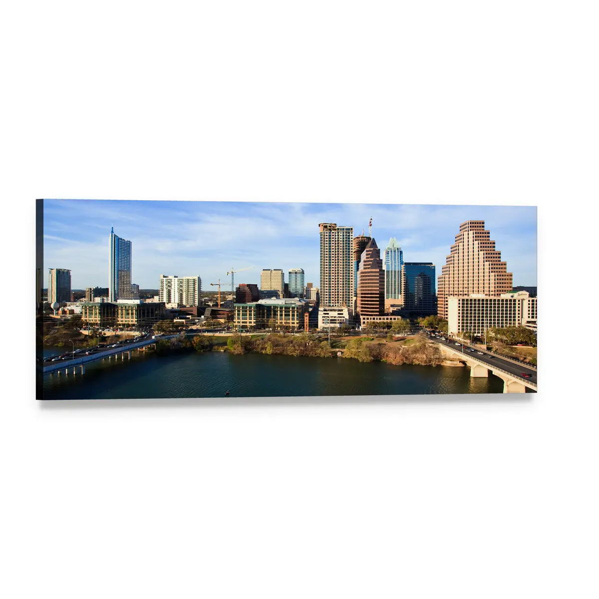Austin Skyline Over Lady Bird Lake Panoramic Canvas Wall Art, single panel gallery wrapped canvas, angled product view