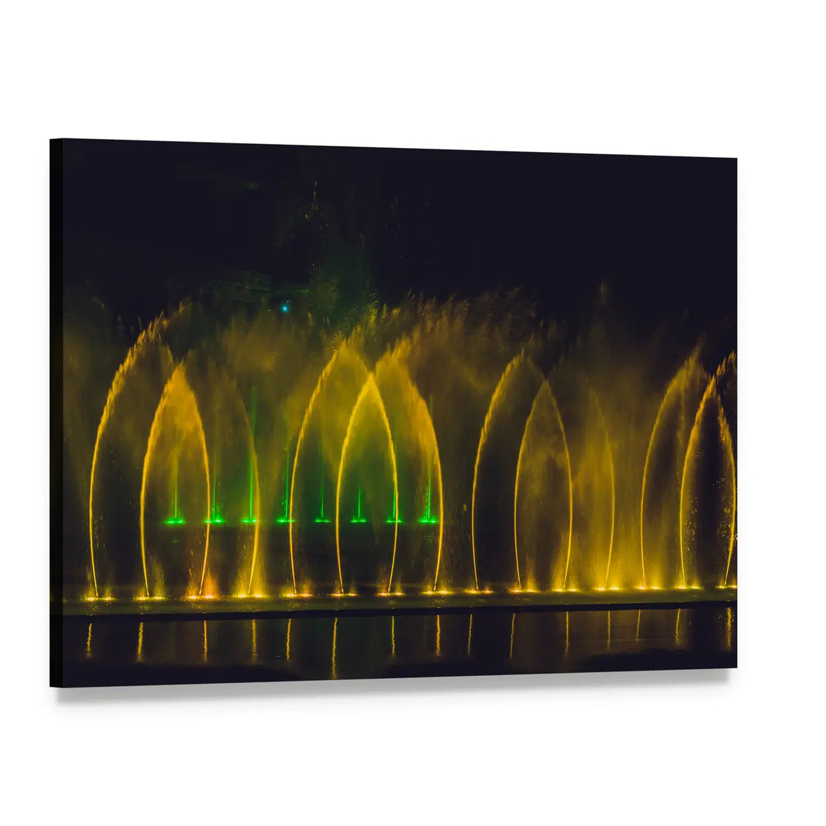 Yellow Dancing Fountain Canvas Wall Art, single panel gallery wrapped canvas, angled product view