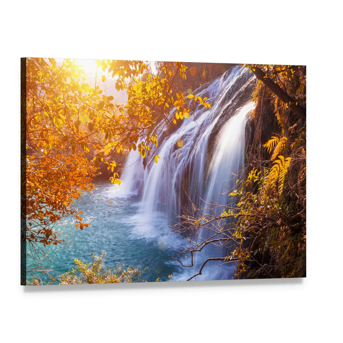 Autumn Waterfall with Sunlit Foliage Canvas Wall Art, single panel gallery wrapped canvas, angled product view