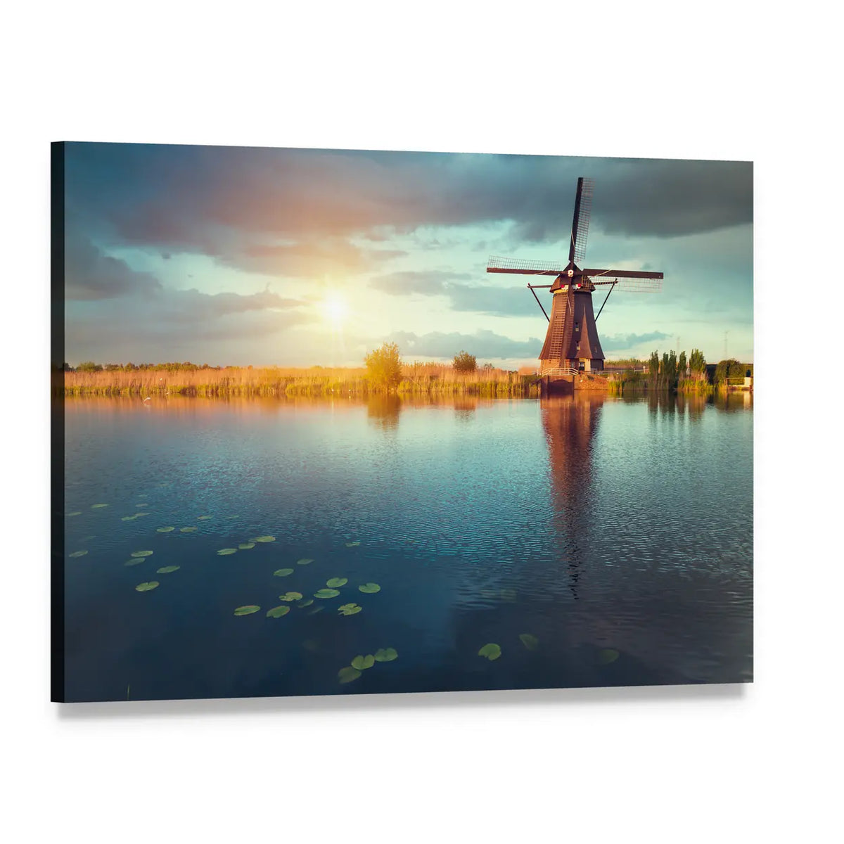 Traditional Dutch Windmill at Sunset Canvas Wall Art, single panel gallery wrapped canvas, angled product view