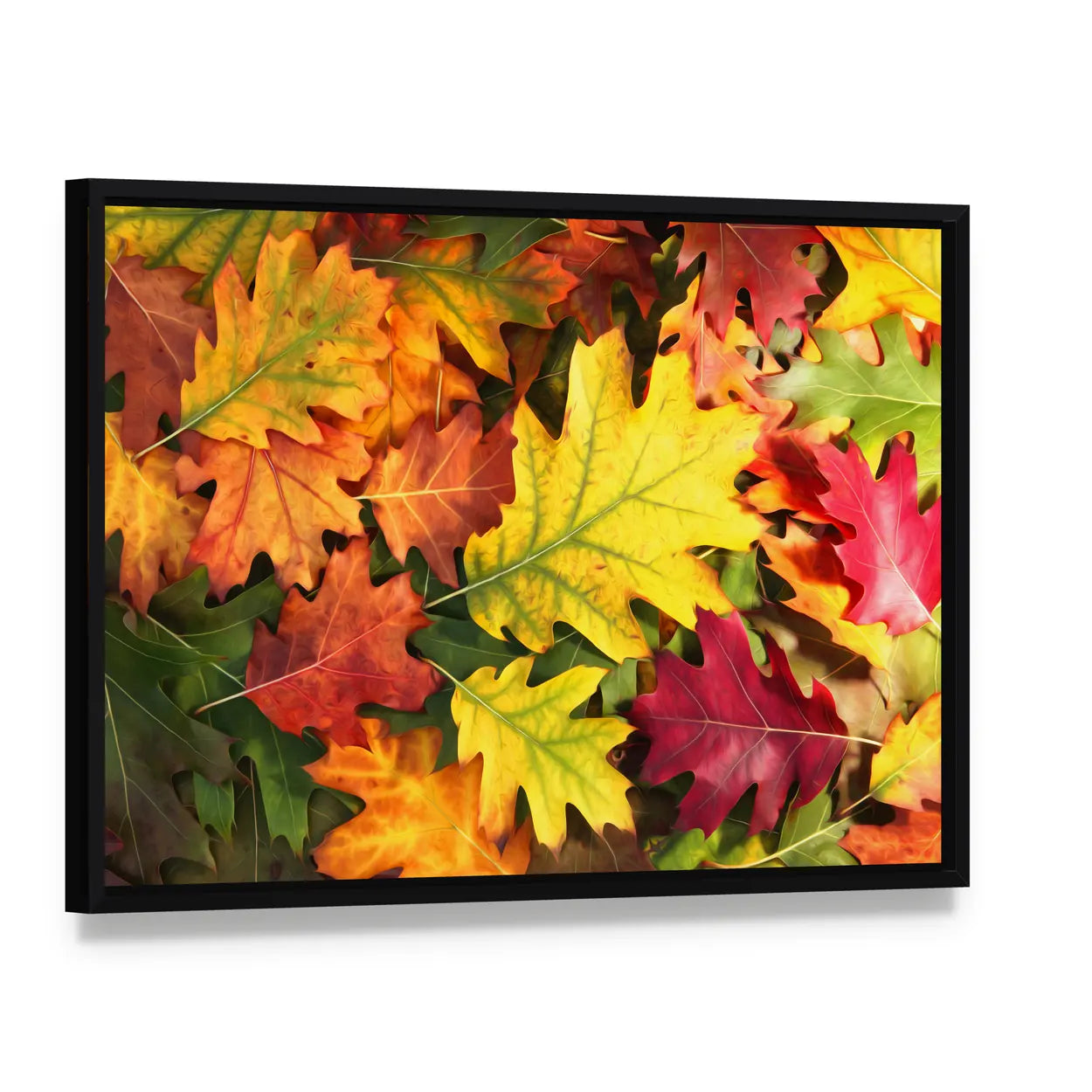 Colorful Oak Leaves in Autumn Canvas Wall Art, framed canvas in a black floater frame, angled product view