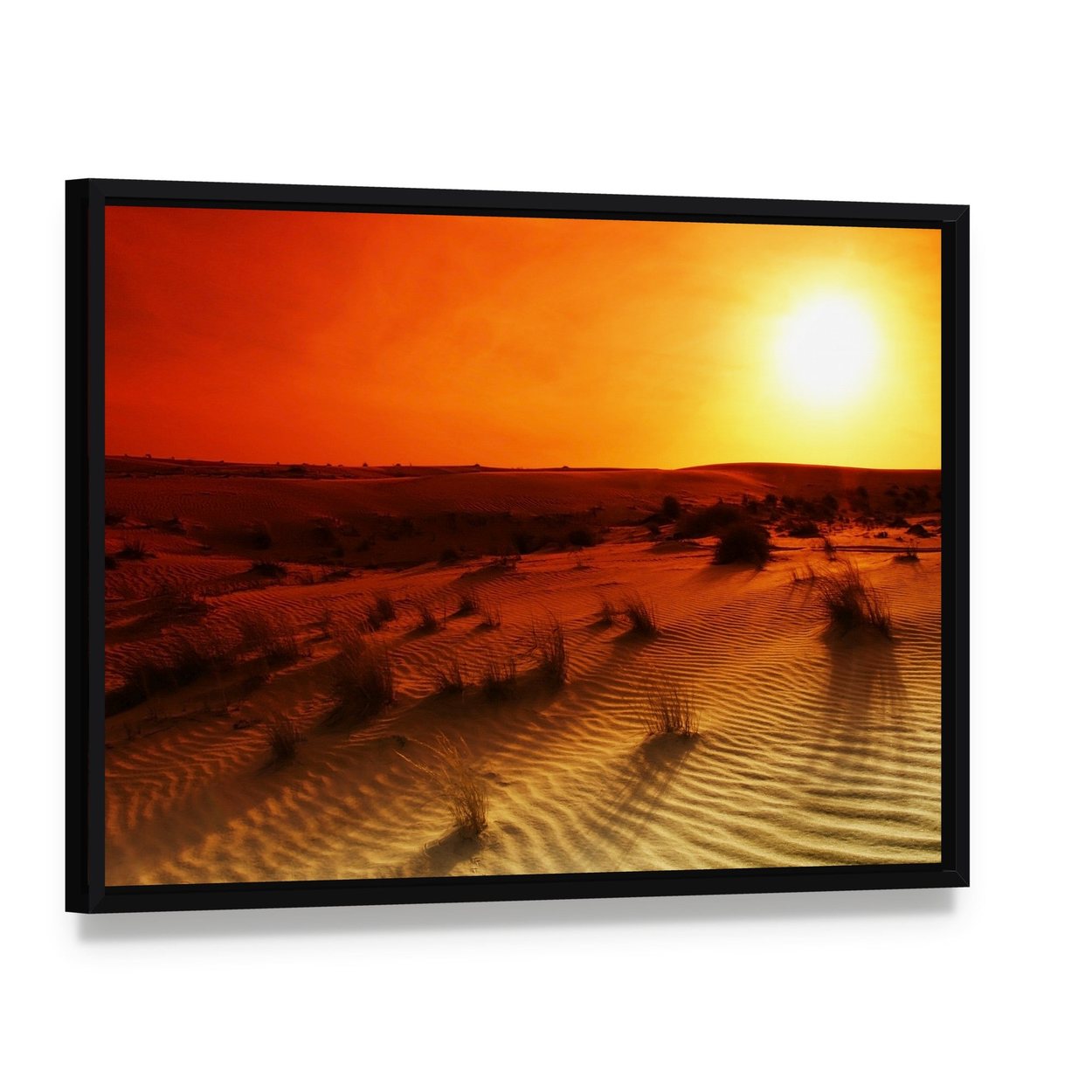 Orange Sunset Over Desert Dunes Canvas Wall Art, framed canvas in a black floater frame, angled product view