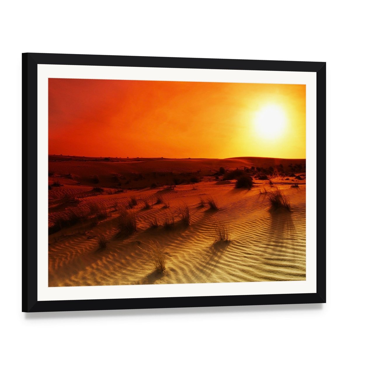 Orange Sunset Over Desert Dunes Canvas Wall Art, framed print with white mat and black frame, angled product view