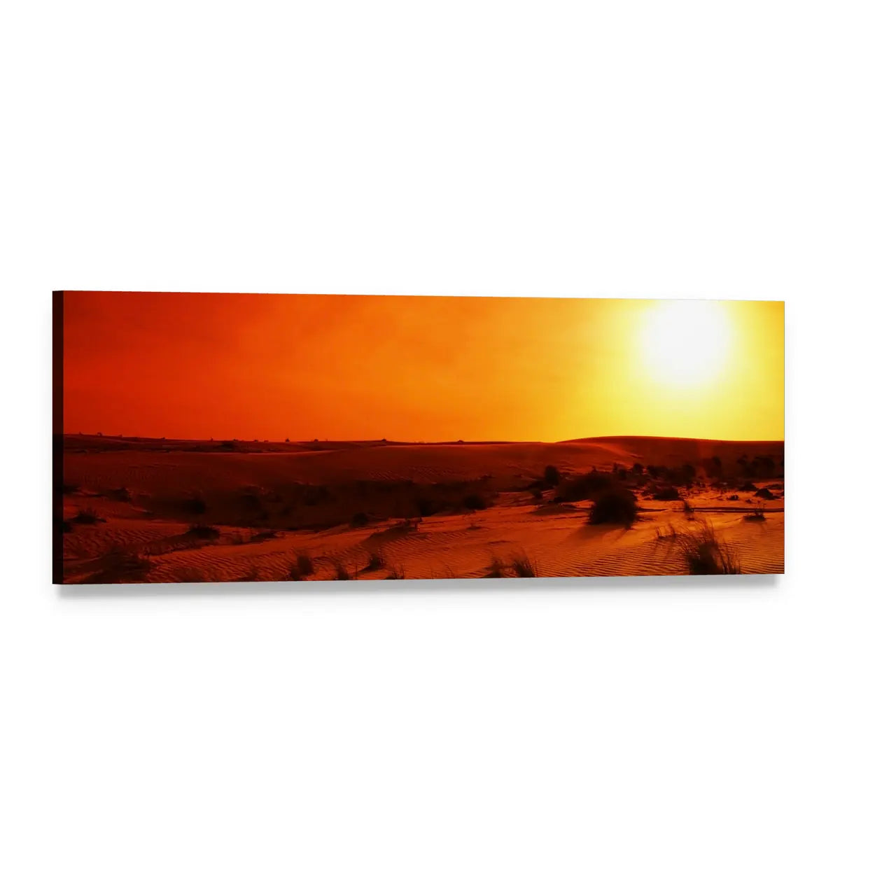 Orange Desert Sunset Panoramic Canvas Wall Art, single panel gallery wrapped canvas, angled product view