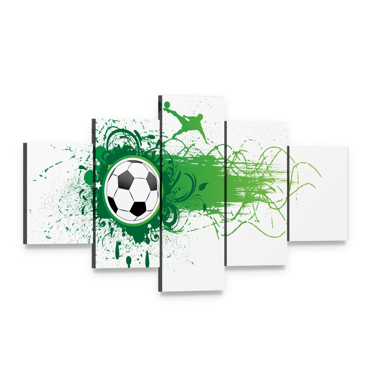 Green Soccer Player Silhouette Graphic Canvas Wall Art, 5 panel 5 Star layout gallery wrapped canvas set, angled product view