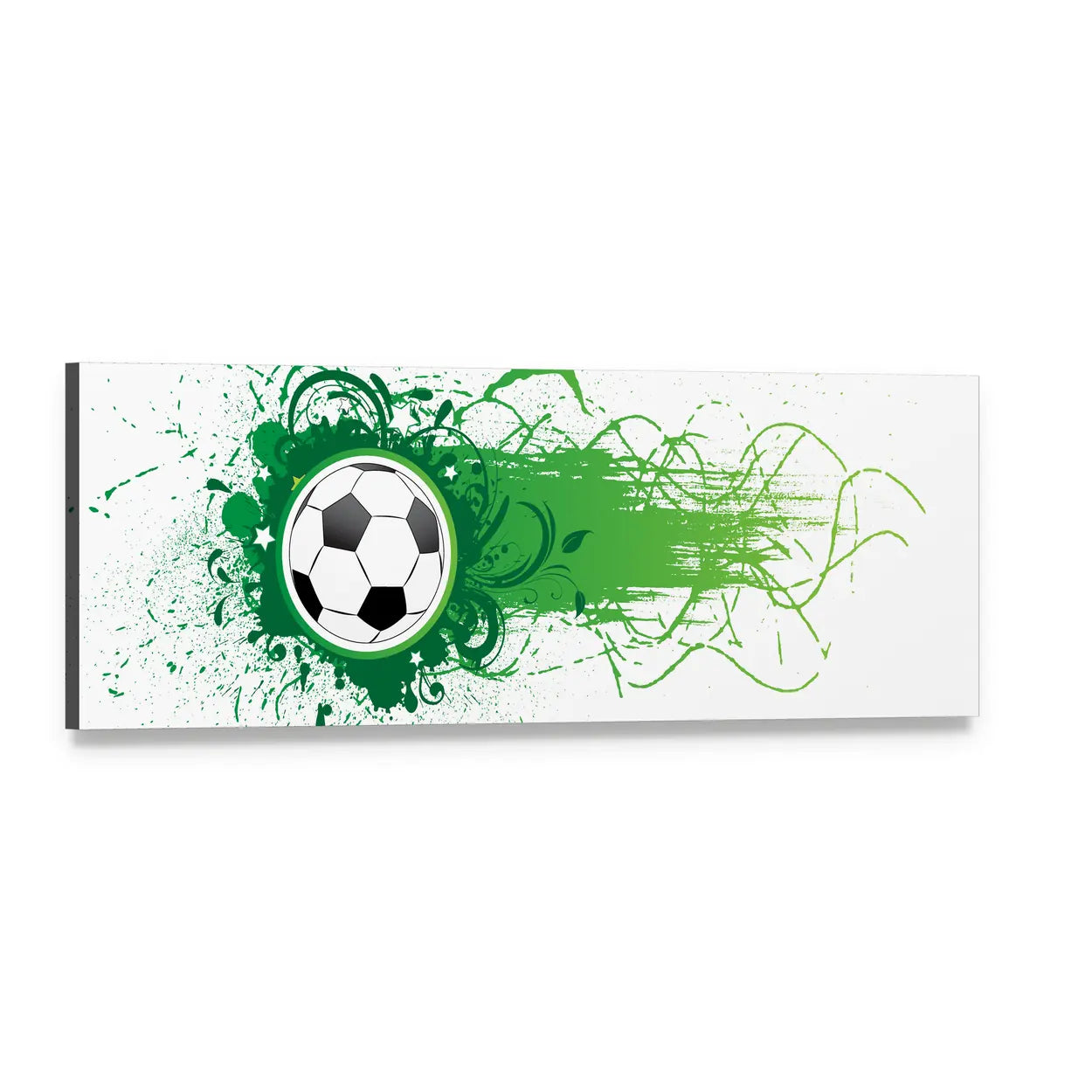 Abstract Football Banner with Soccer Ball Panoramic Canvas Wall Art, single panel gallery wrapped canvas, angled product view