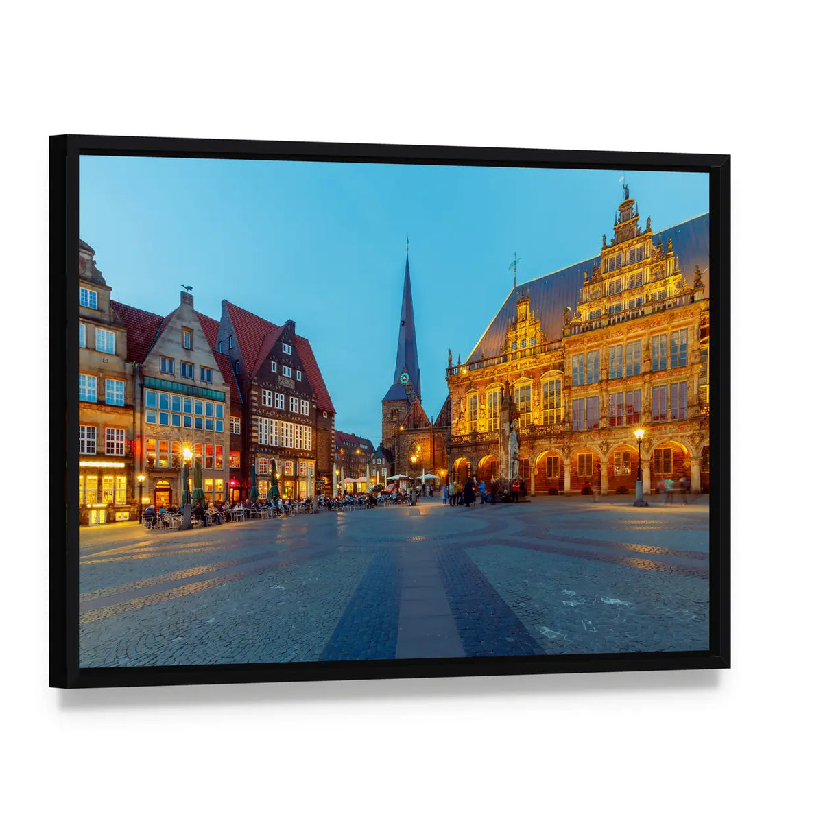 Bremen Central Market Square at Twilight Canvas Wall Art, framed canvas in a black floater frame, angled product view