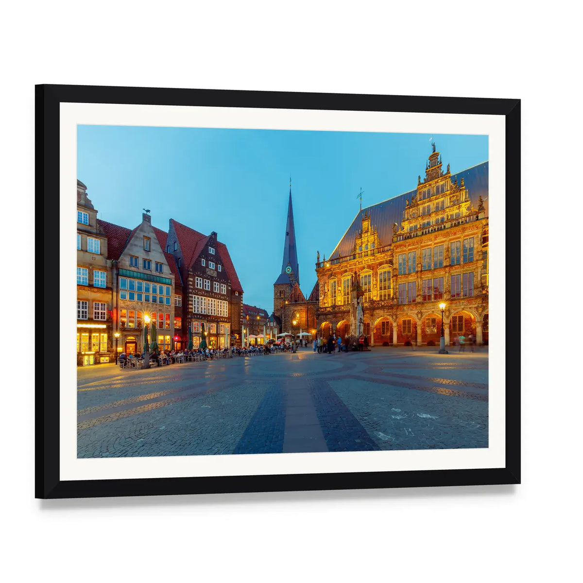 Bremen Central Market Square at Twilight Canvas Wall Art, framed print with white mat and black frame, angled product view