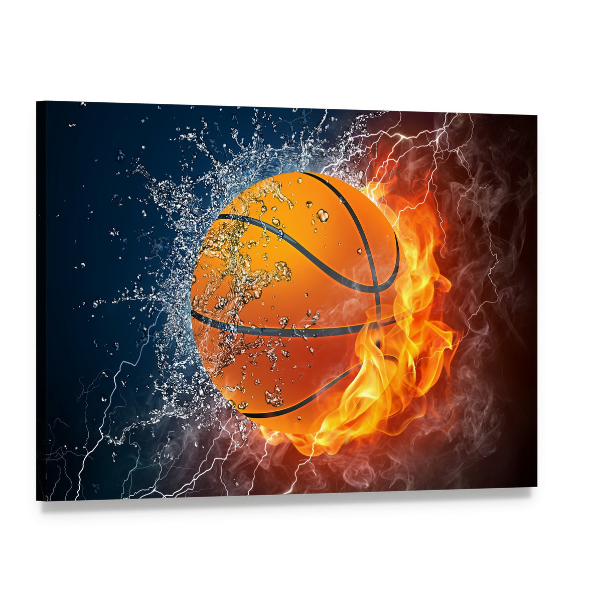 Flaming Basketball with Water and Lightning Canvas Wall Art, single panel gallery wrapped canvas, angled product view