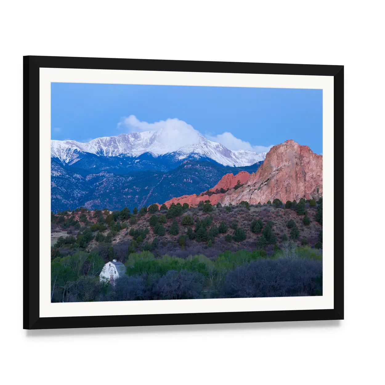 Pikes Peak Mountain Landscape Canvas Wall Art, framed print with white mat and black frame, angled product view