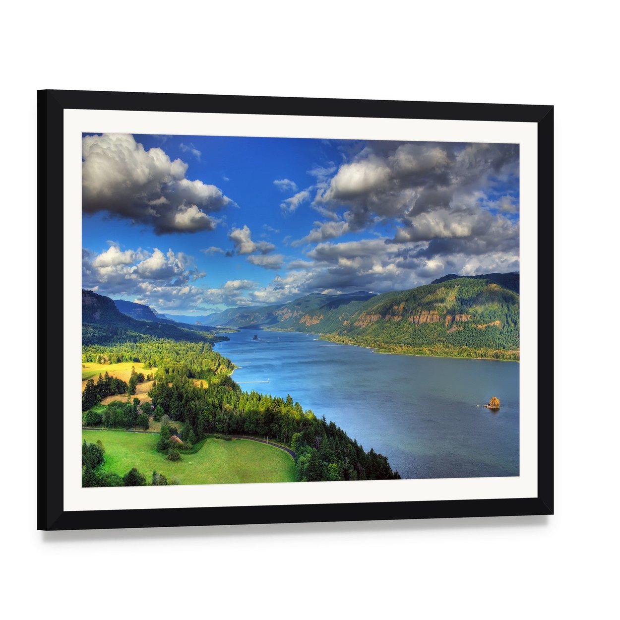 River Gorge Overlook Canvas Wall Art, framed print with white mat and black frame, angled product view