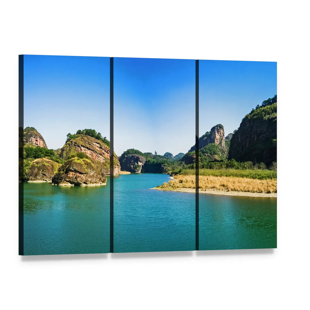 Mount Longhu Mountains and River Canvas Wall Art, 3 panel 3 Horizontal layout gallery wrapped canvas set, angled product view