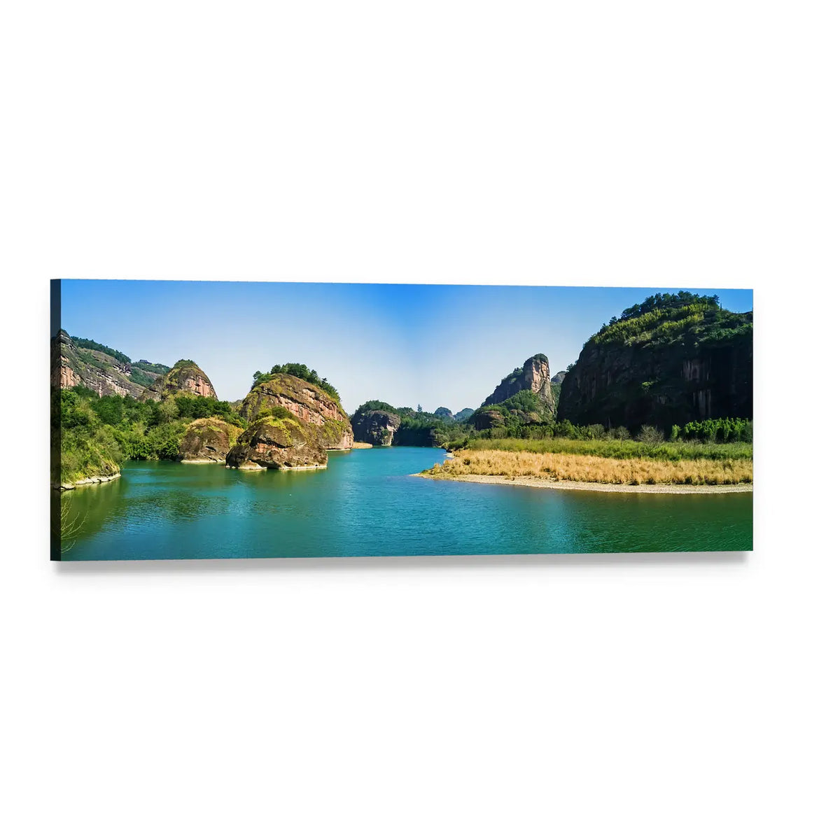 Mount Longhu River Landscape Panoramic Canvas Wall Art, single panel gallery wrapped canvas, angled product view