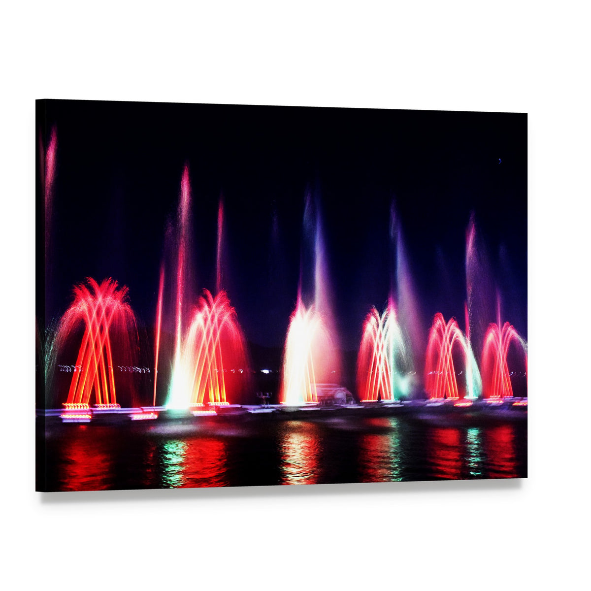 Vibrant Night Fountains with Colorful Lights Canvas Wall Art, single panel gallery wrapped canvas, angled product view