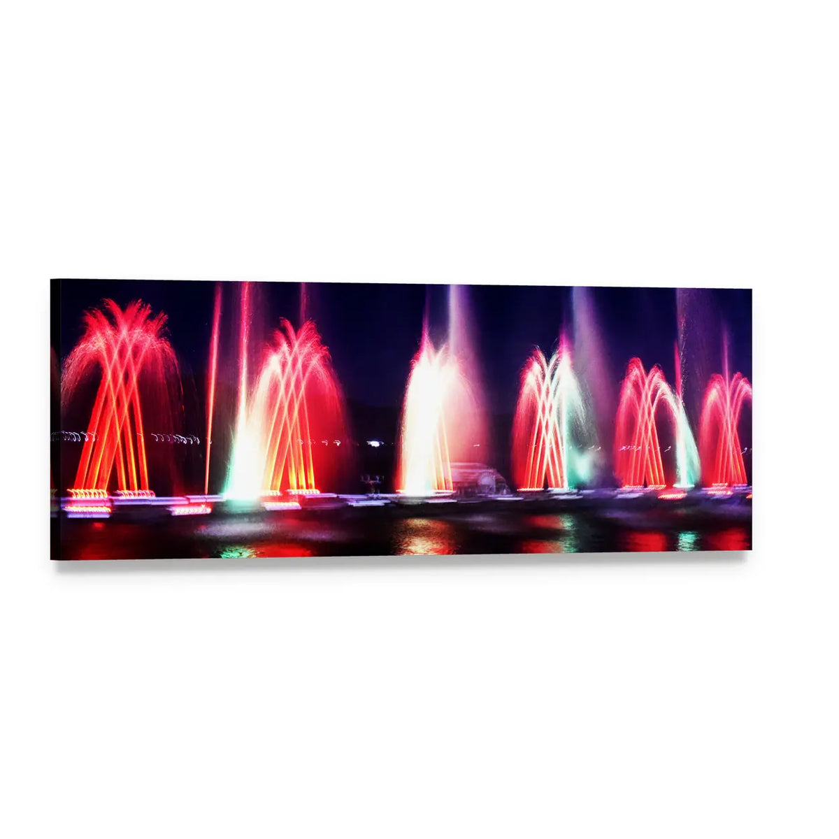 Colorful Fountain at Night Panoramic Canvas Wall Art, single panel gallery wrapped canvas, angled product view