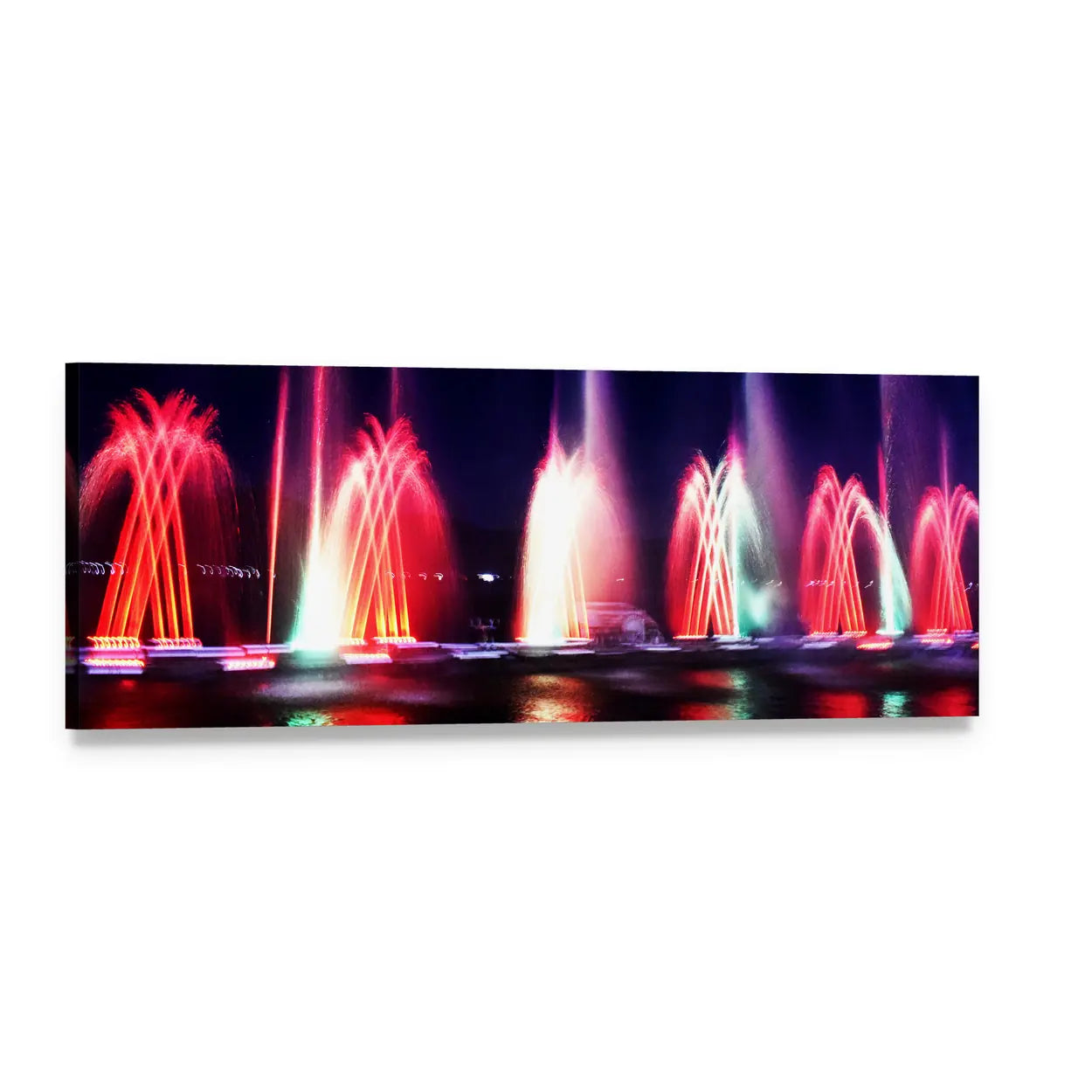 Colorful Fountain at Night Panoramic Canvas Wall Art, single panel gallery wrapped canvas, angled product view
