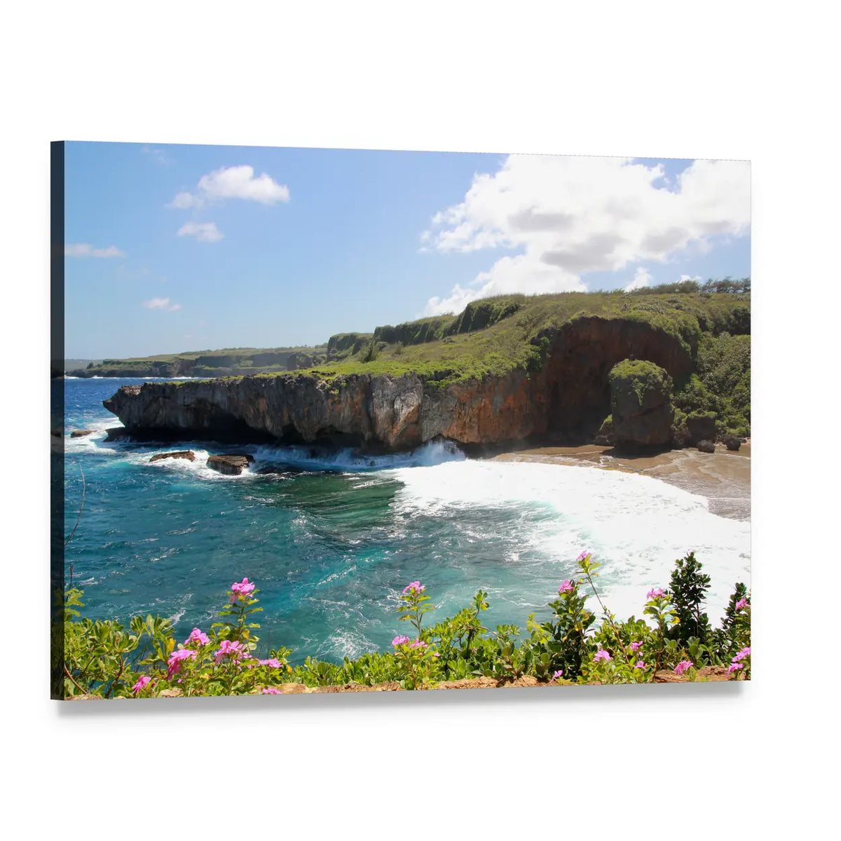 Rugged Coastal Cliffs with Wildflowers Canvas Wall Art, single panel gallery wrapped canvas, angled product view