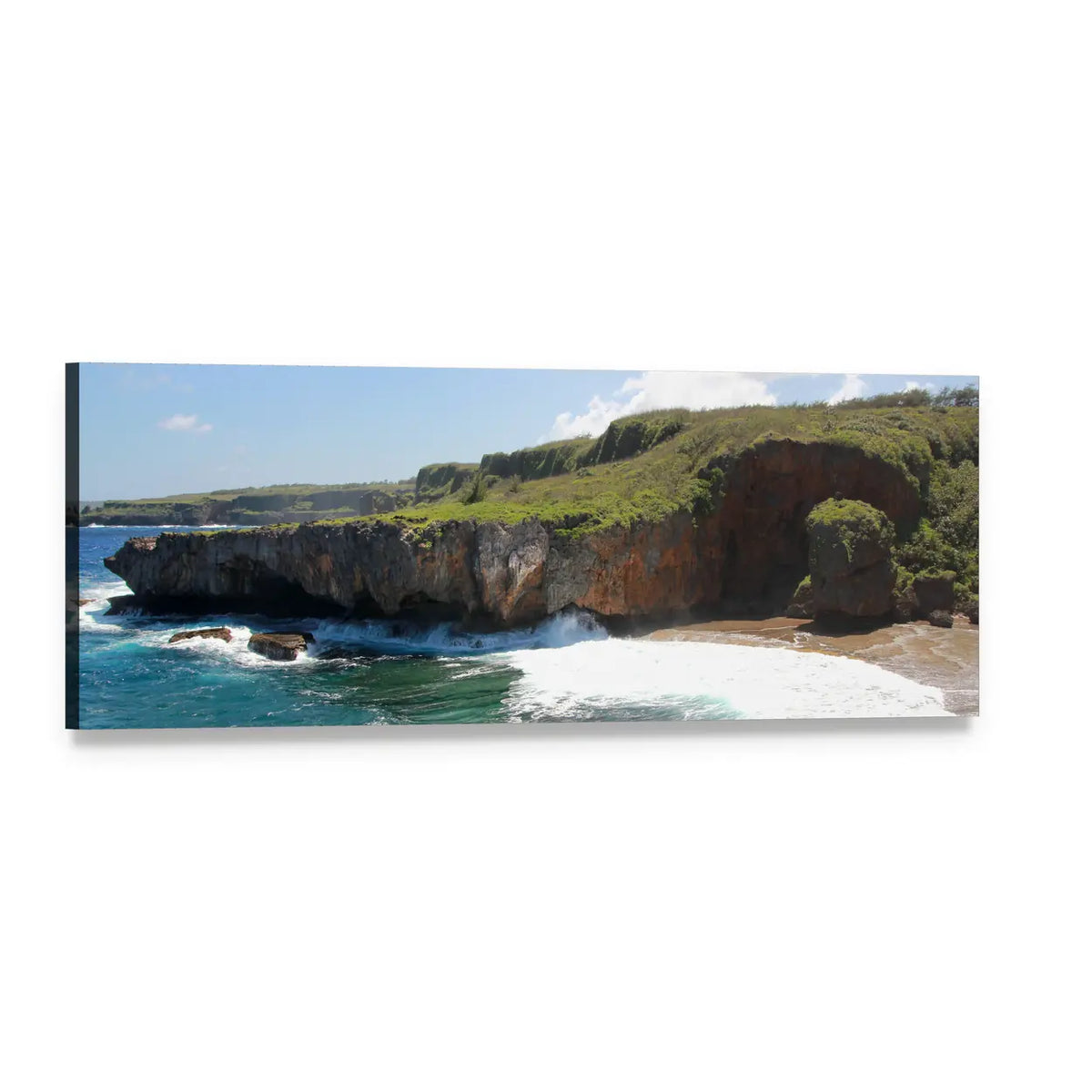 Jeffrey Beach Coastal Arch and Cliffs Panoramic Canvas Wall Art, single panel gallery wrapped canvas, angled product view