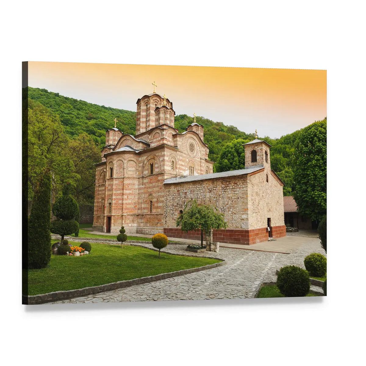 Ravanica Serbian Orthodox Monastery at Sunset Canvas Wall Art, single panel gallery wrapped canvas, angled product view
