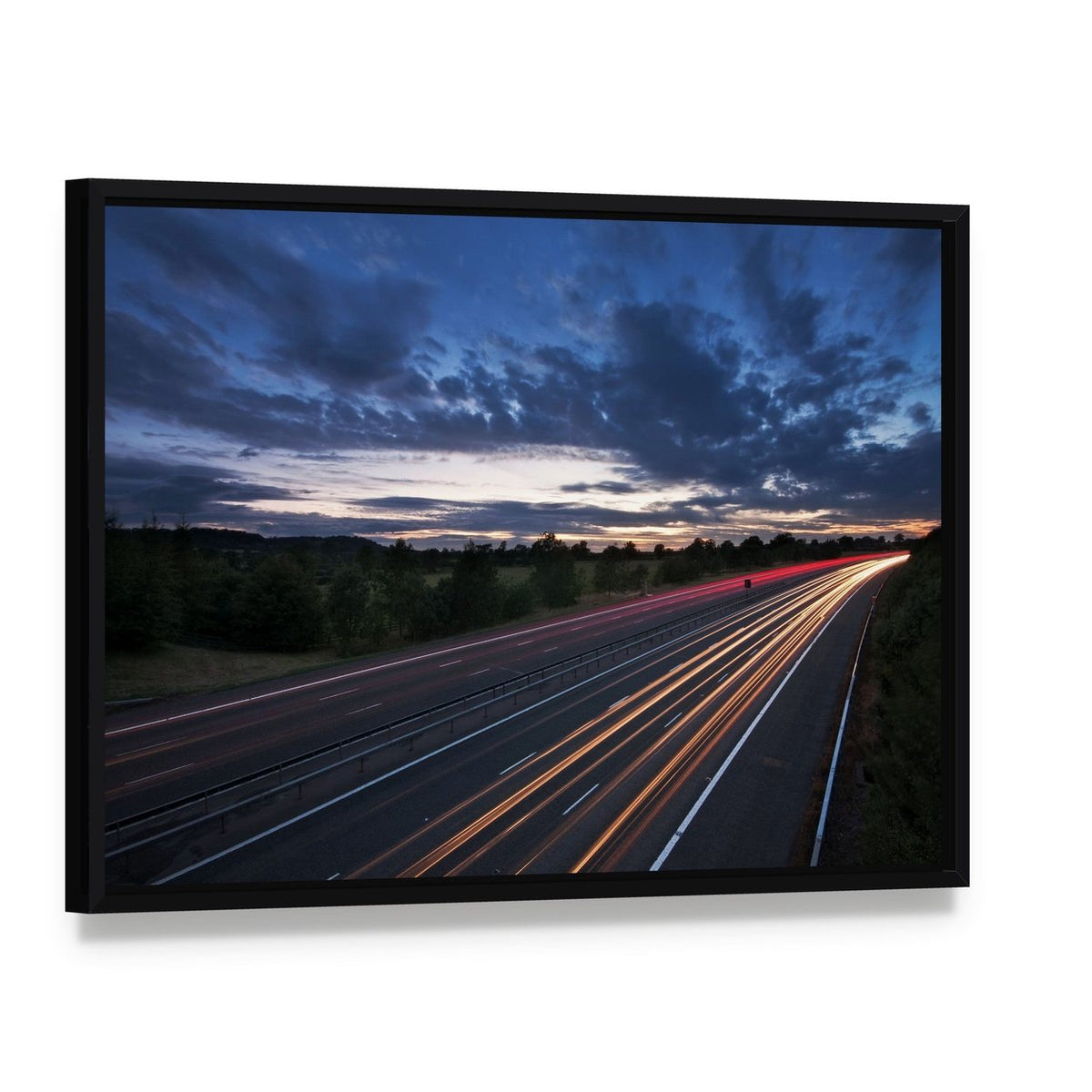 Traffic on the Move at Dusk on the M40 Motorway Canvas Wall Art, framed canvas in a black floater frame, angled product view