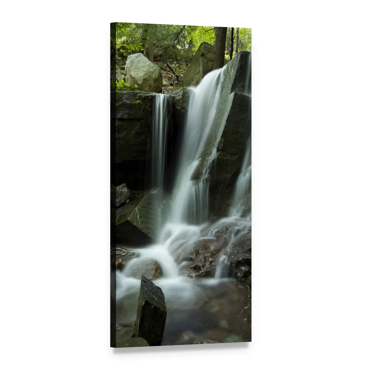 Creek Waterfall in Lush Forest Vertical Canvas Wall Art, 1 panel 1 Vertical layout gallery wrapped canvas set, angled product view