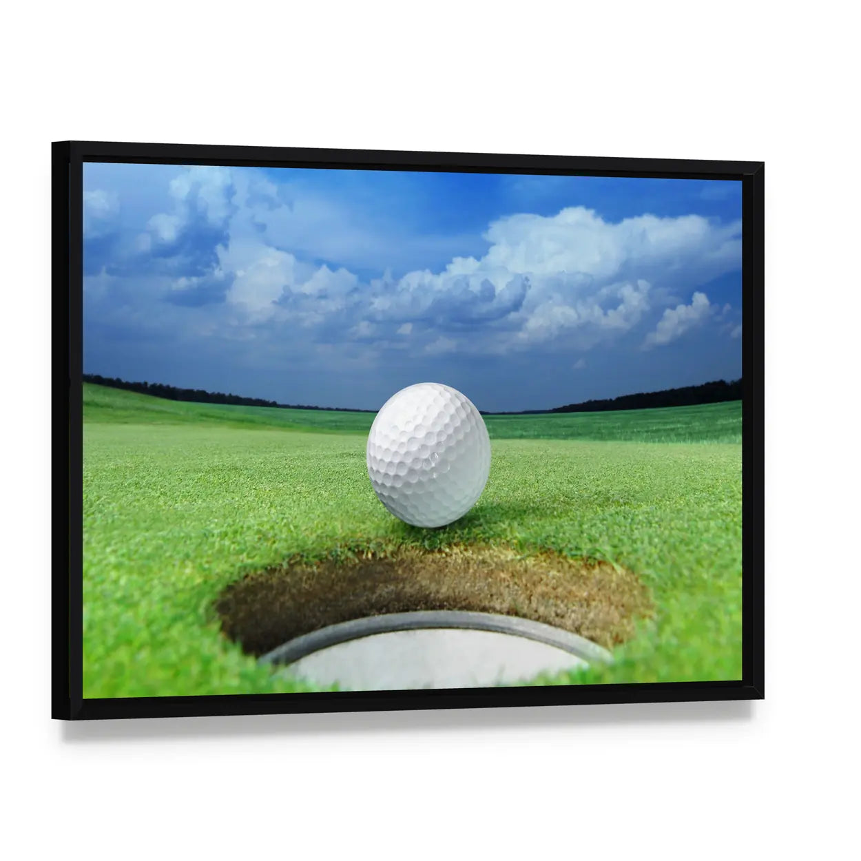 Golf Ball in Course Canvas Wall Art, framed canvas in a black floater frame, angled product view