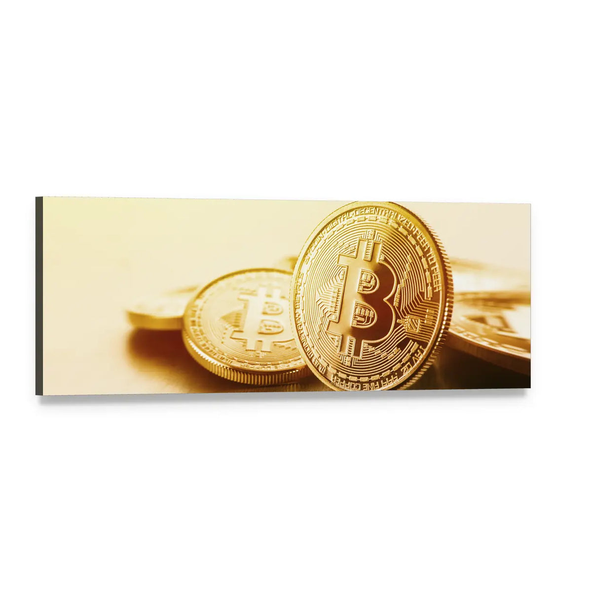 Close-up of Golden Bitcoins Panoramic Canvas Wall Art, single panel gallery wrapped canvas, angled product view