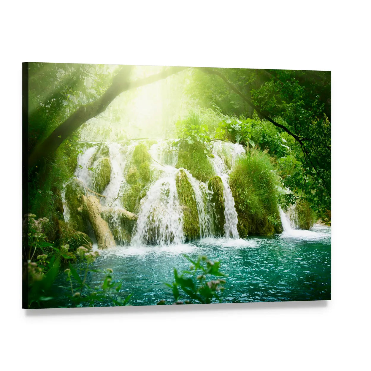 Deep Forest Waterfall with Turquoise Pool Canvas Wall Art, single panel gallery wrapped canvas, angled product view