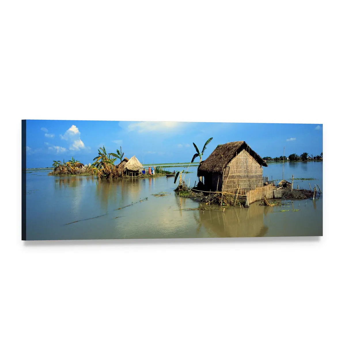 Flooded Village Huts in Bangladesh Panoramic Canvas Wall Art, single panel gallery wrapped canvas, angled product view